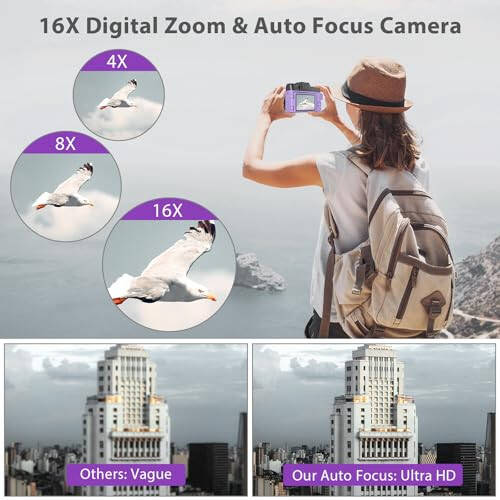 Digital Camera for Photography, 4K 48MP Vlogging Camera for YouTube with WiFi, 3-inch 180-degree Flip Screen, 16X Digital Zoom, 52mm Wide Angle & Macro Lens, 32GB TF Card and 2 Batteries(Purple) - 3