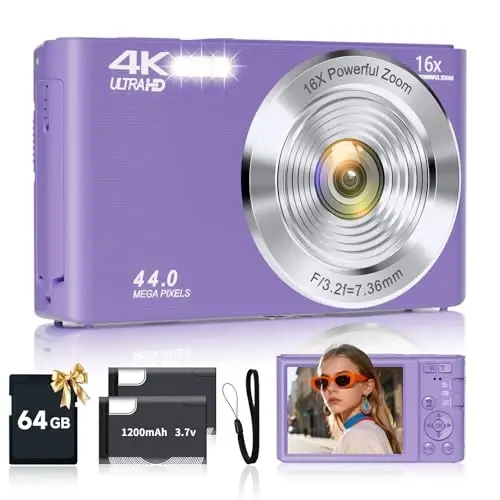 Digital Camera for Teens, FHD 4K 44MP Digital Camera Purple with 64GB SD Card 16X Digital Zoom, Cameras for Photography Compact Point and Shoot Camera for Teen Boys Girls Kids Camera Digital Purple - 1