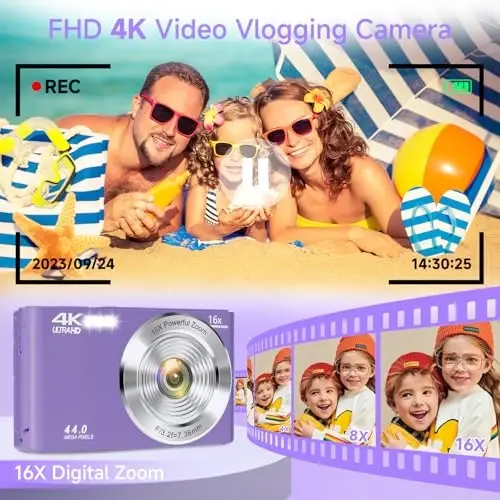 Digital Camera for Teens, FHD 4K 44MP Digital Camera Purple with 64GB SD Card 16X Digital Zoom, Cameras for Photography Compact Point and Shoot Camera for Teen Boys Girls Kids Camera Digital Purple - 3