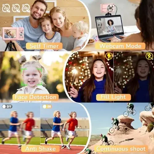 Digital Camera, Jukanur Upgraded FHD 1080P Digital Camera for Kids with 16X Zoom, Flashlight, 32GB Card, 44MP Point and Shoot Camera Compact Small Selfie Camera for Girls, Boys, Teens, Students,Pink - 6