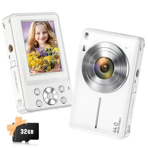 Digital Camera, Jukanur yangilangan bolalar kamerasi 32GB kartasi bilan, 16X Zoom, Anti-Shake bilan suratga olish uchun raqamli kamera, Timestamp, chiroq, o'smir qizlar va o'g'il bolalar uchun portativ sayohat kamerasi, oq - 1