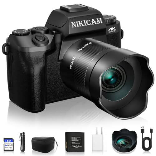 Digital Cameras for Photography, NIKICAM 4K 64MP WiFi Vlogging Camera for YouTube with Dual Camera, 4” Touch Screen Compact Camera with Flash, 32GB SD Card, Lens Hood & 3000mAH Battery - Black - 7