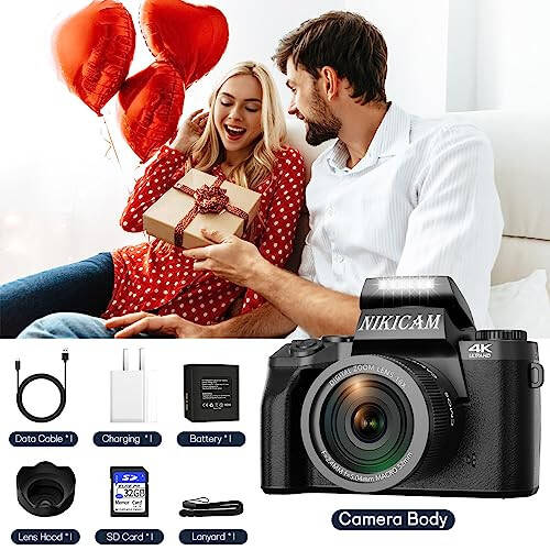 Digital Cameras for Photography, NIKICAM 4K 64MP WiFi Vlogging Camera for YouTube with Dual Camera, 4” Touch Screen Compact Camera with Flash, 32GB SD Card, Lens Hood & 3000mAH Battery - Black - 8