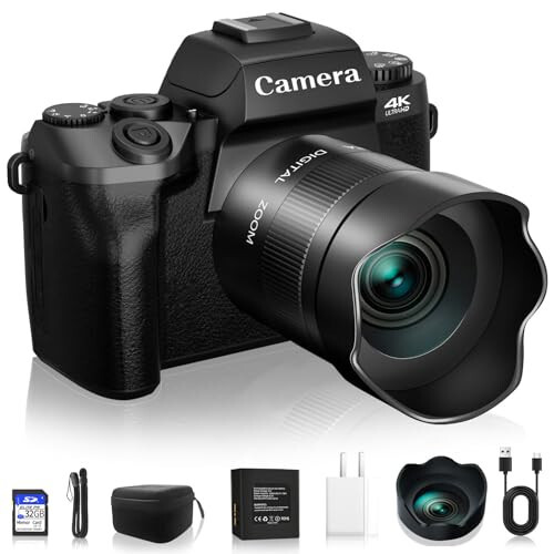 Digital Cameras for Photography, NIKICAM 4K 64MP WiFi Vlogging Camera for YouTube with Dual Camera, 4” Touch Screen Compact Camera with Flash, 32GB SD Card, Lens Hood & 3000mAH Battery - Black - 1