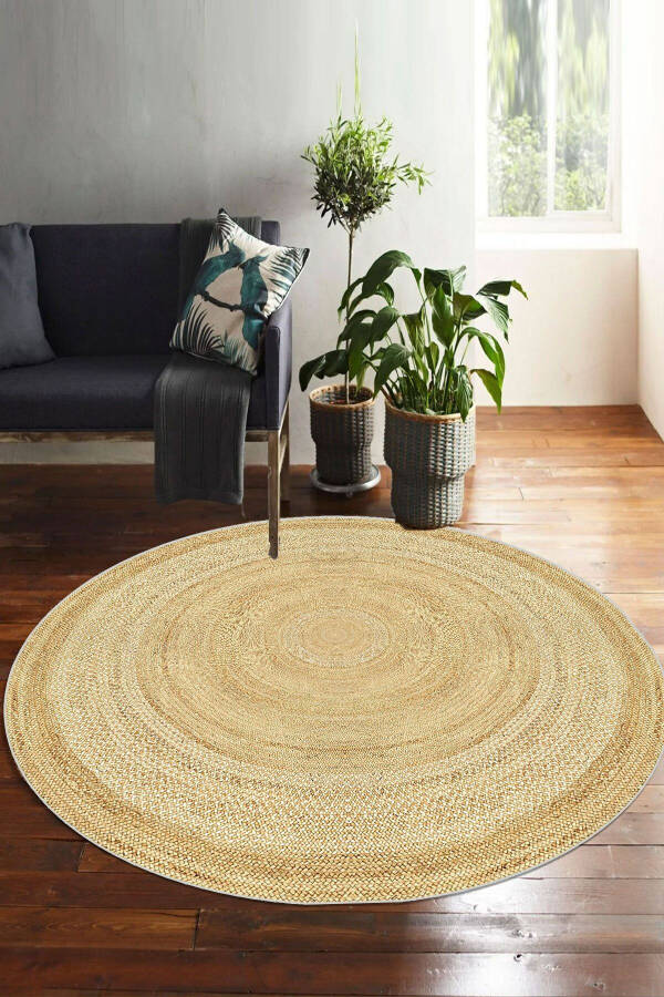 Digital Jute Look Non-Slip Washable Round Living Room Rug Kitchen Rug Kids Rug Mat - 1