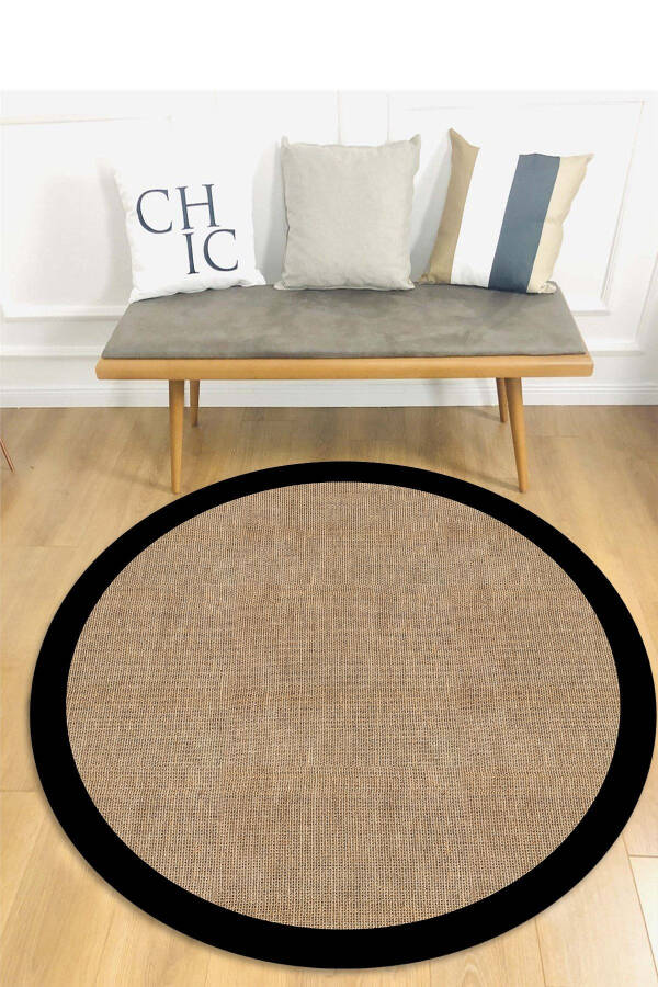 Digital Non-Slip Washable Black Framed Jute Look Round Living Room Rug Kitchen Rug Mat - 1