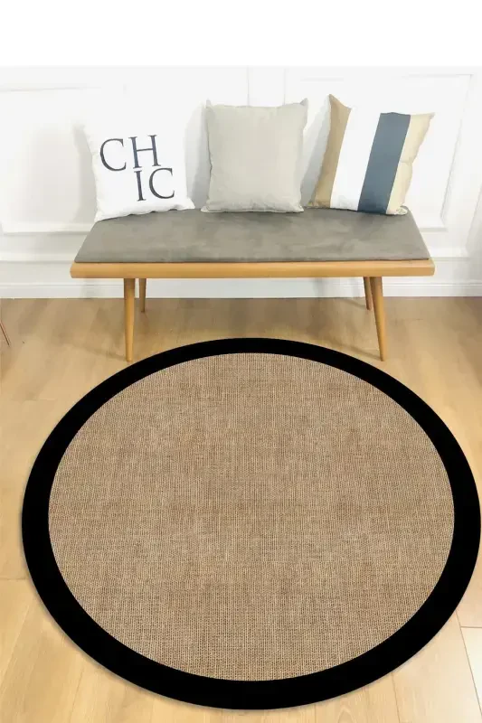 Digital Non-Slip Washable Black Framed Jute Look Round Living Room Rug Kitchen Rug Mat - DECOMIA HOME