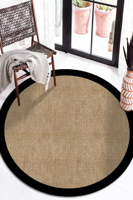 Digital Non-Slip Washable Black Framed Jute Look Round Living Room Rug Kitchen Rug Mat - 4