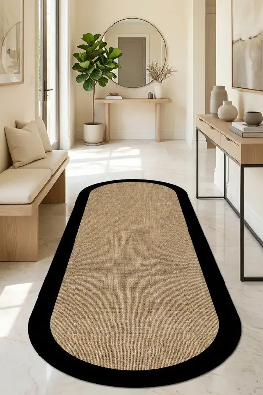 Digital Non-Slip Washable Black Jute Look Oval Living Room Rug Kitchen Rug Corridor Rug Runner - 1