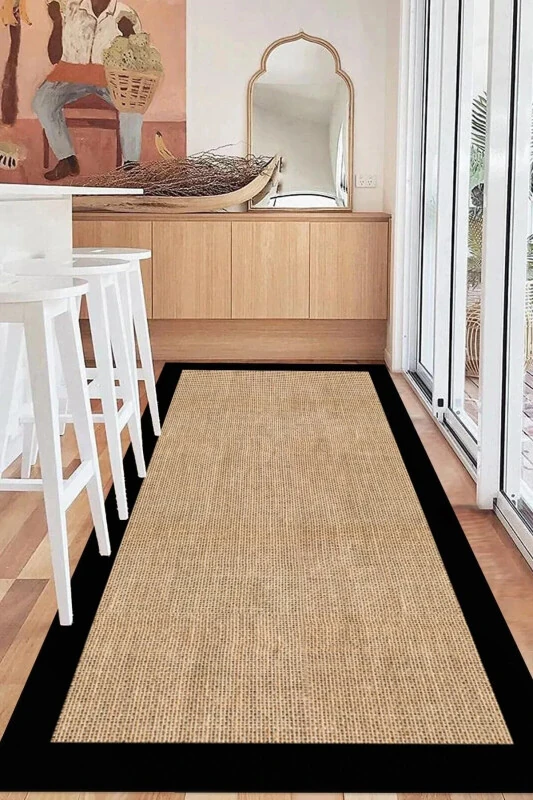 Digital Non-Slip Washable Jute Look Black Framed Living Room Rug Kitchen Rug Runner - DECOMIA HOME