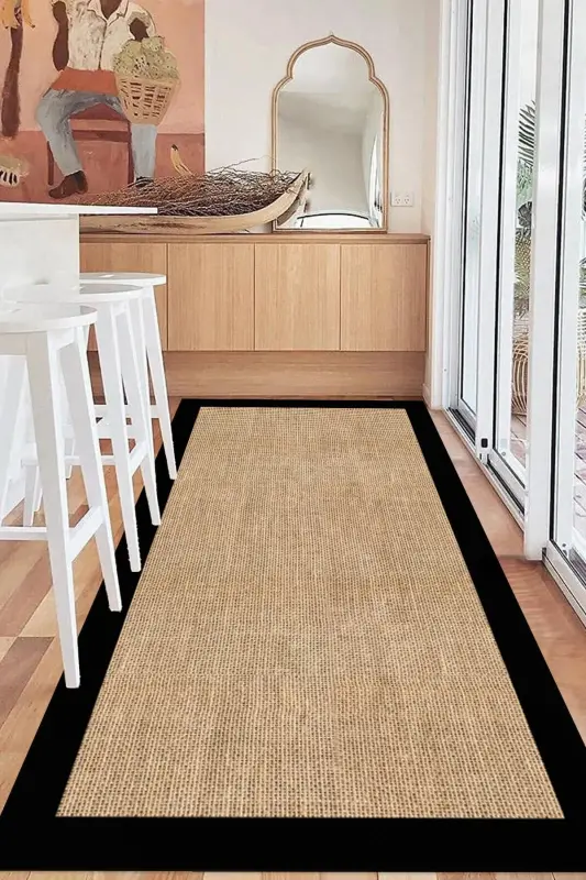 Digital Non-Slip Washable Jute Look Black Framed Living Room Rug Kitchen Rug Runner - 3