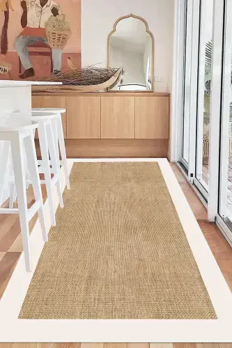 Digital Non-Slip Washable Jute Look White Framed Living Room Carpet Kitchen Runner-Beige1 - 1