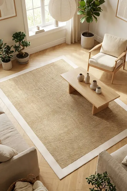 Digital Non-Slip Washable Jute Look White Framed Living Room Carpet Kitchen Runner-Beige1 - DECOMIA HOME