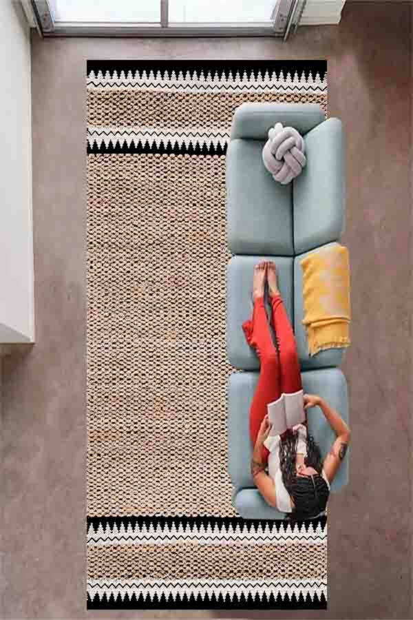 Digital Print Jute Look, Black Woven Rug, Machine Washable Living Room Rug Runner - 1