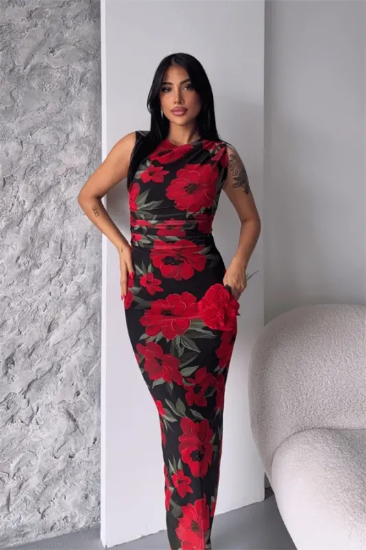 Digital Print Tulle Dress - BLACK RED - 1