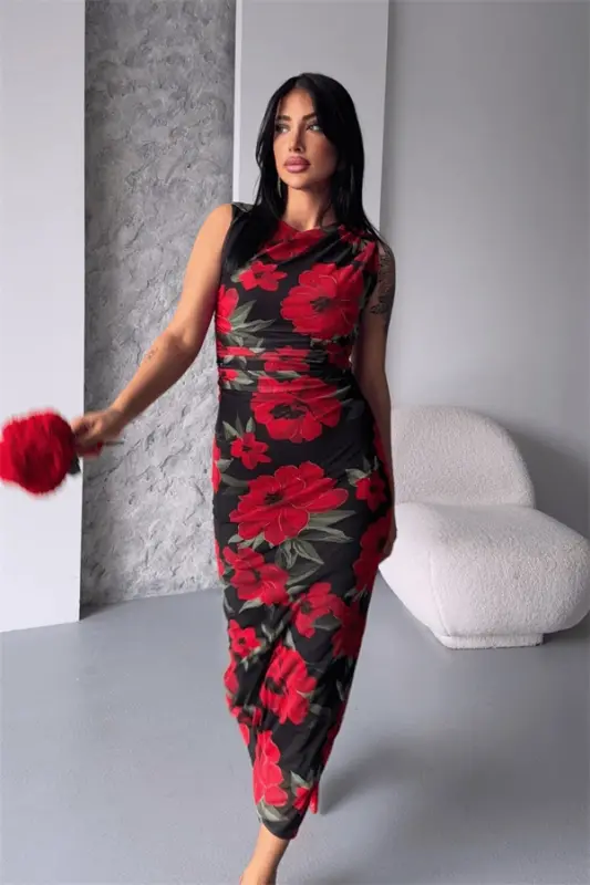 Digital Print Tulle Dress - BLACK RED - 2