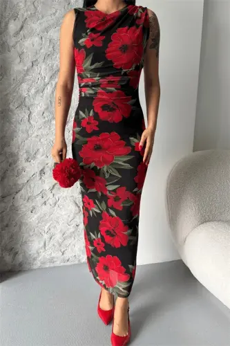 Digital Print Tulle Dress - BLACK RED - 4