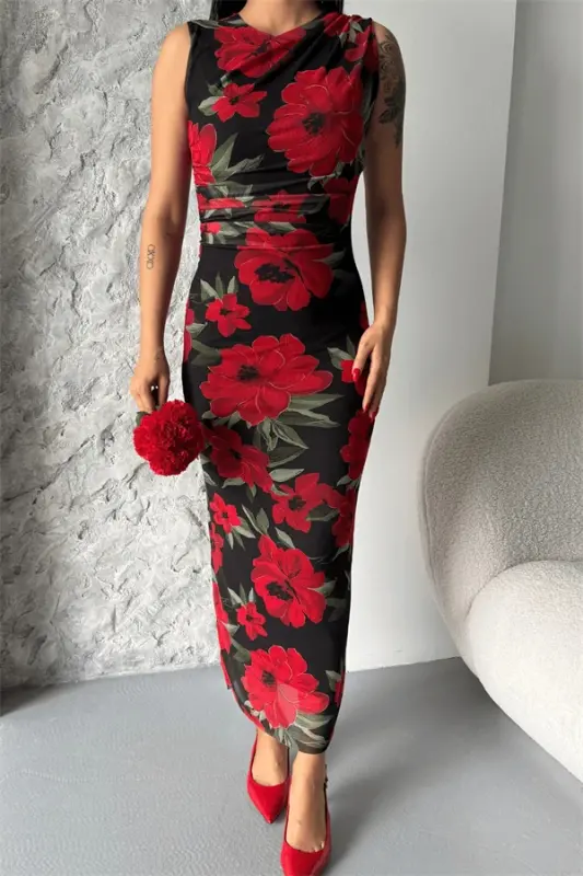 Digital Print Tulle Dress - BLACK RED - 4