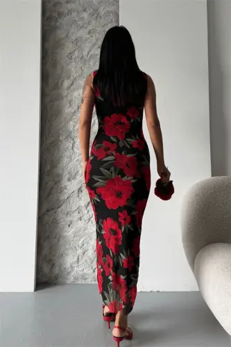 Digital Print Tulle Dress - BLACK RED - 5