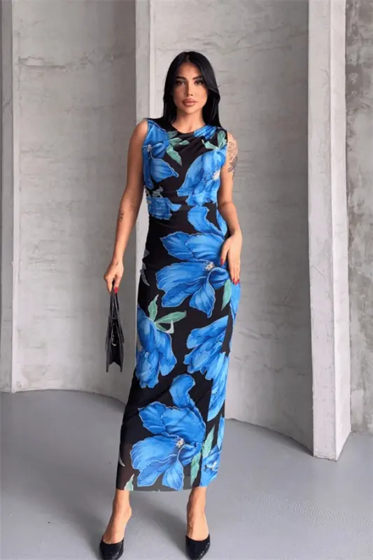 Digital Print Tulle Dress - BLUE - 1
