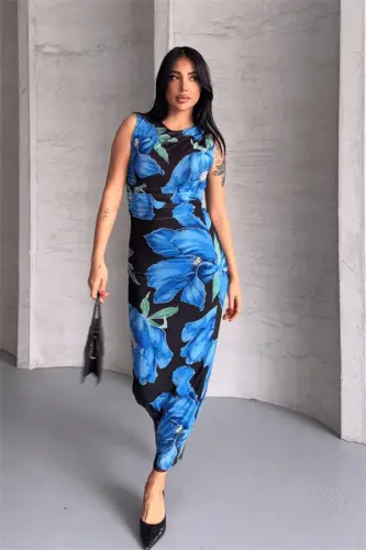 Digital Print Tulle Dress - BLUE - BÜYÜKBEDENIZ (1)