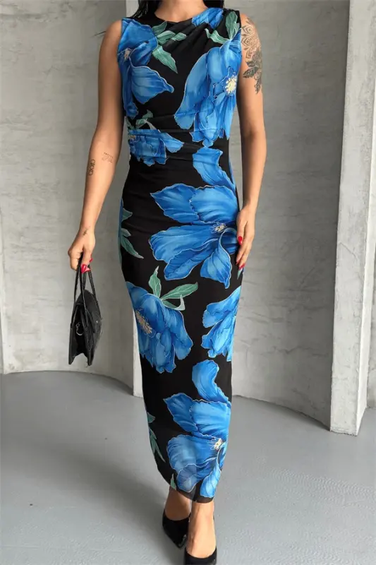 Digital Print Tulle Dress - BLUE - 3