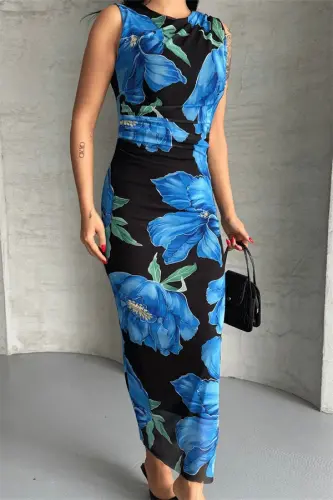 Digital Print Tulle Dress - BLUE - 4