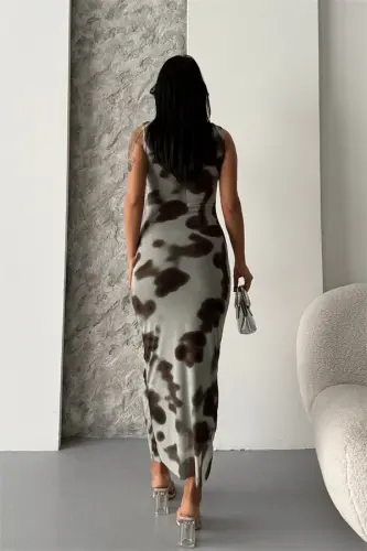 Digital Print Tulle Dress - BROWN - 5