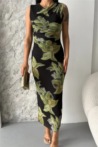 Digital Print Tulle Dress - GREEN/BLACK - 4