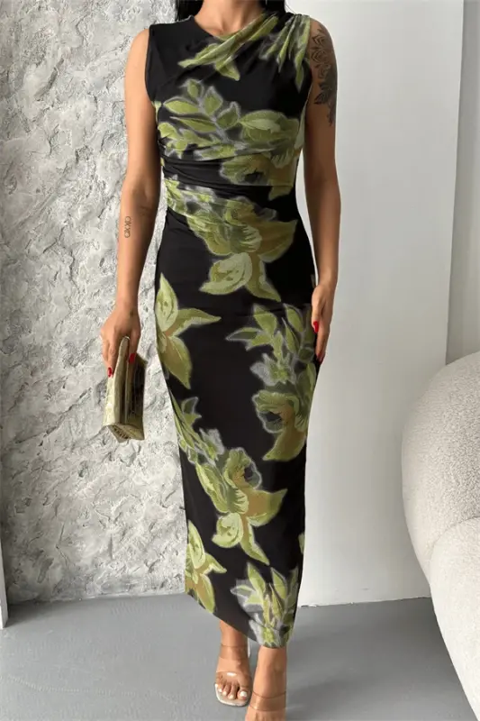 Digital Print Tulle Dress - GREEN/BLACK - 4