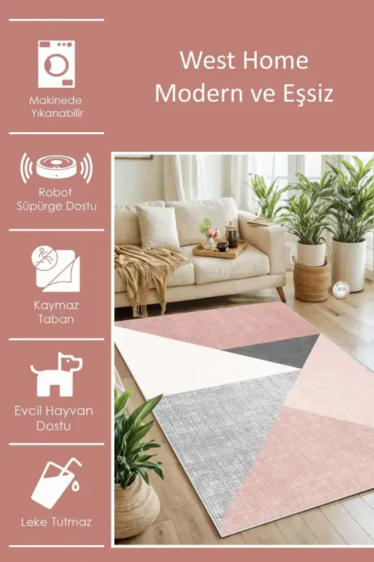 Digital Print Washable Non-Slip Base Living Room Carpet Kitchen Carpet Hallway Carpet-Powder - 2