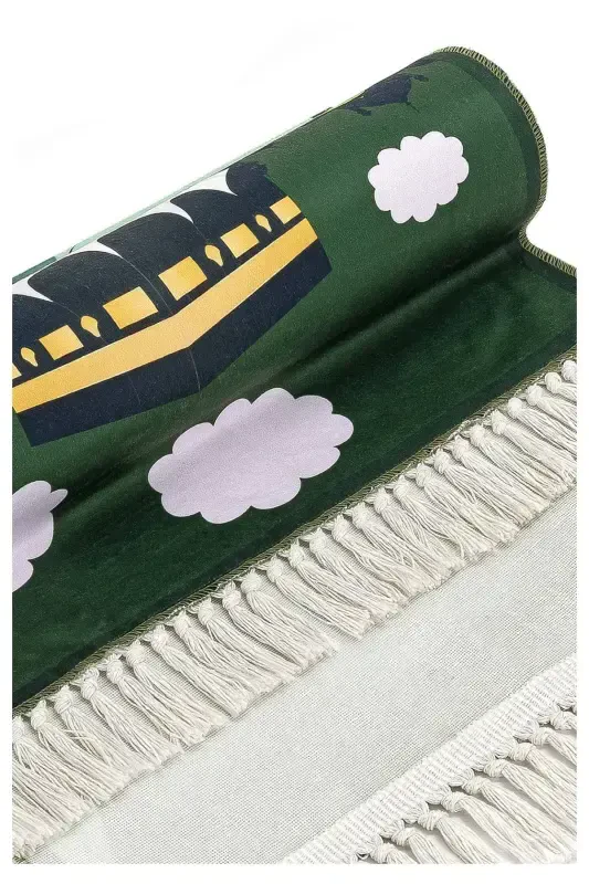Digital Printed Kids' Prayer Rug - Green with Boat Handle - 44 X 78 Cm - 4
