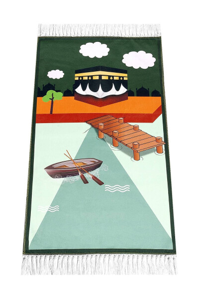 Digital Printed Kids' Prayer Rug - Green with Boat Handle - 44 X 78 Cm - 1