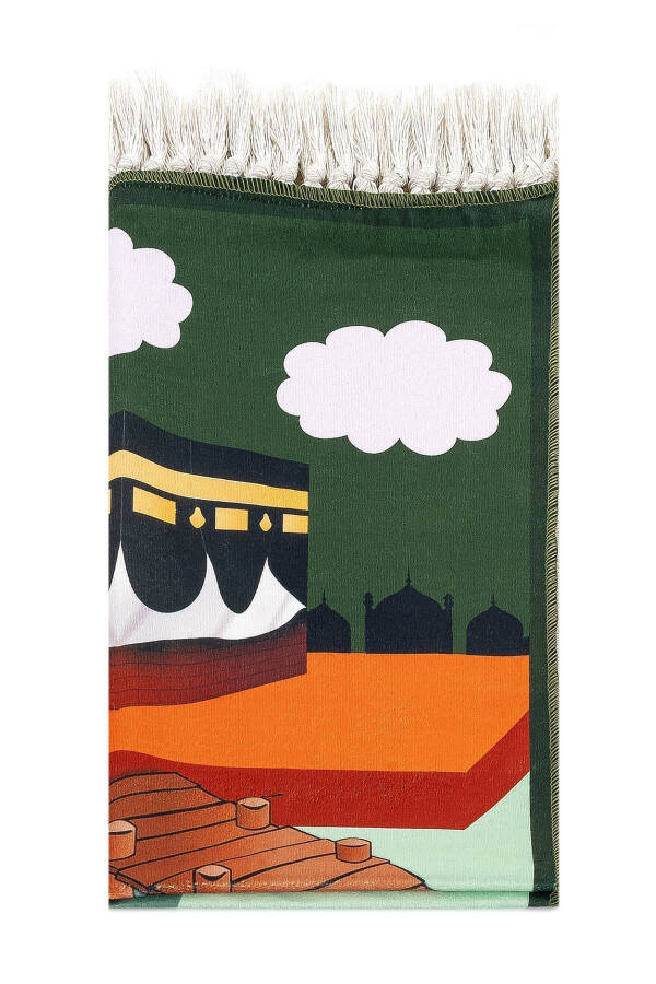 Digital Printed Kids' Prayer Rug - Green with Boat Handle - 44 X 78 Cm - 2