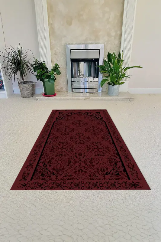 Digital Printed Non-Slip Base Washable Gift Dowry Prayer Rug, SECCADE-84-BORDO,-BORDO - 3