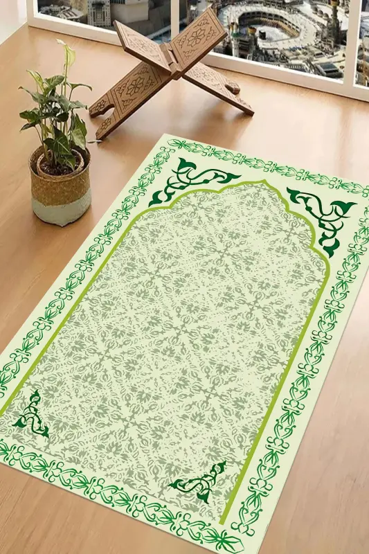 Digital Printed Non-Slip Base Washable Gift Dowry Prayer Rug, SECCADE-84-GREEN,-GREEN - 8