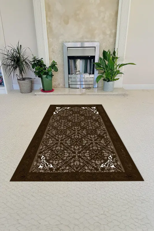 Digital Printed Non-Slip Base Washable Gift Dowry Prayer Rug, SECCADE-84-KAHVE,-KAHVERENGI - 3