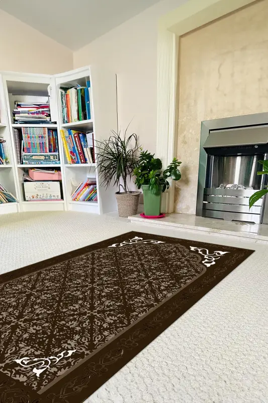 Digital Printed Non-Slip Base Washable Gift Dowry Prayer Rug, SECCADE-84-KAHVE,-KAHVERENGI - 5
