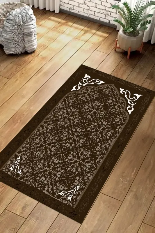 Digital Printed Non-Slip Base Washable Gift Dowry Prayer Rug, SECCADE-84-KAHVE,-KAHVERENGI - 6