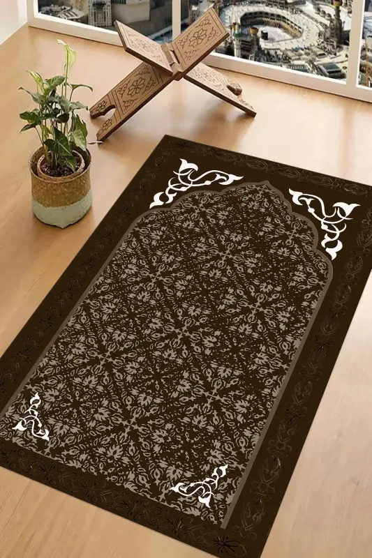 Digital Printed Non-Slip Base Washable Gift Dowry Prayer Rug, SECCADE-84-KAHVE,-KAHVERENGI - 8