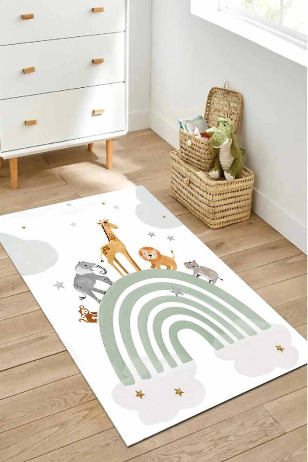 Digital Printed Non-Slip Washable Rainbow Themed Animal Figurine Children's Rug Baby Room Rug - 3