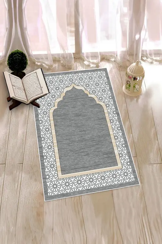 Digital Printed Washable Gift Elegant Prayer Rug 70x130 cm. , SECCADE-17-GRİ,-GRİ - 2