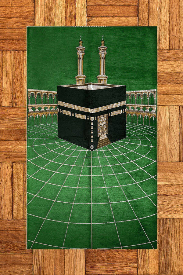 Digital Printed Washable Kaaba Motif Elegant Design Prayer Mat 70x130 48 Green - 1