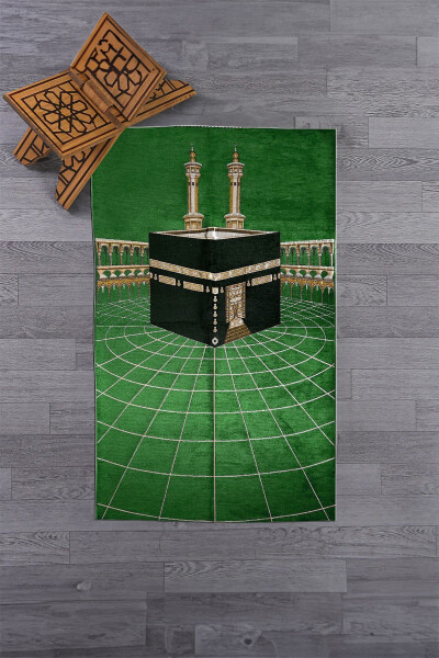 Digital Printed Washable Kaaba Motif Elegant Design Prayer Mat 70x130 48 Green - 11
