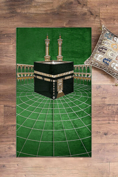 Digital Printed Washable Kaaba Motif Elegant Design Prayer Mat 70x130 48 Green - 12