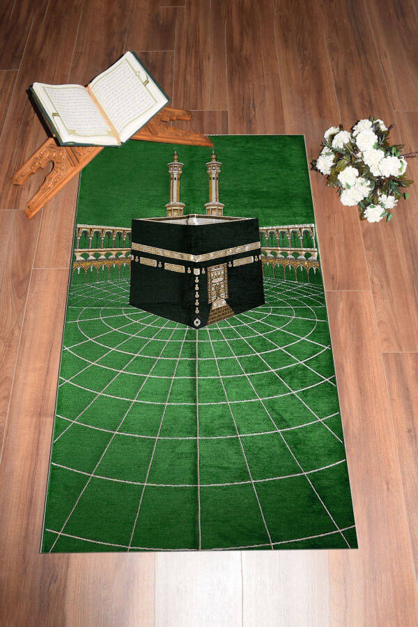 Digital Printed Washable Kaaba Motif Elegant Design Prayer Mat 70x130 48 Green - 16
