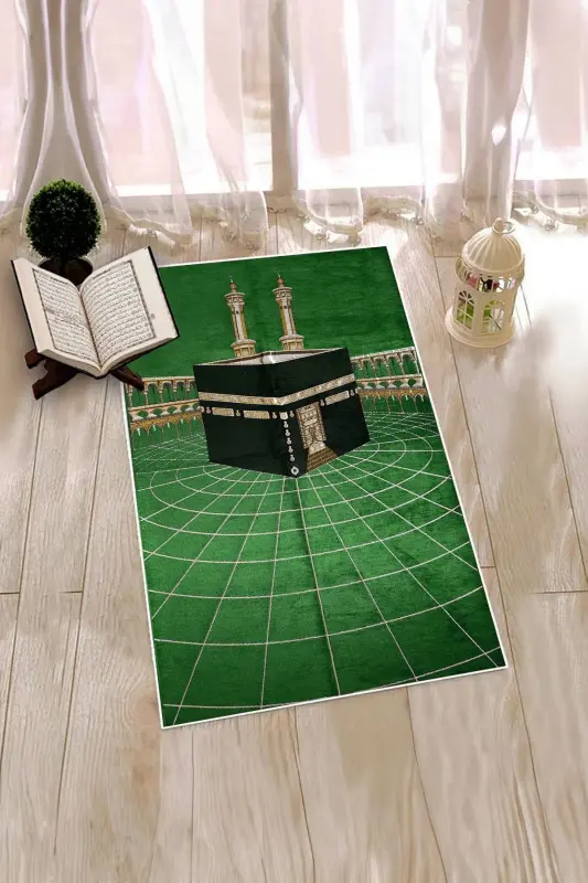 Digital Printed Washable Kaaba Motif Elegant Design Prayer Mat 70x130 48 Green - 2