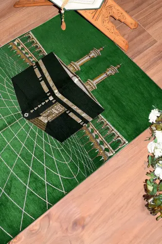 Digital Printed Washable Kaaba Motif Elegant Design Prayer Mat 70x130 48 Green - 4