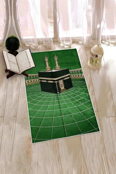 Digital Printed Washable Kaaba Motif Elegant Design Prayer Mat 70x130 48 Green - 5