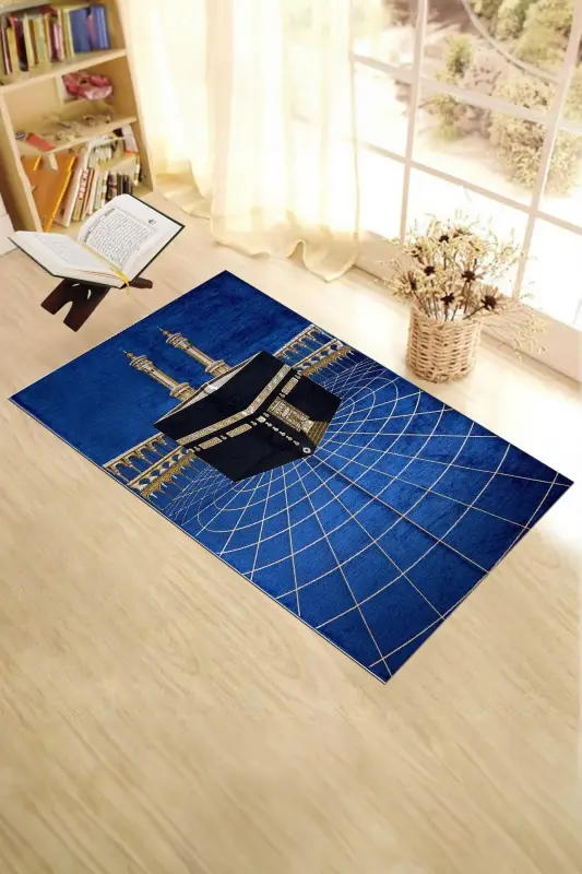 Digital Printed Washable Kaaba Patterned Stylish Design Prayer Rug Prayer Mat 70x130, Prayer Rug-48-blue,-BLUE - 2